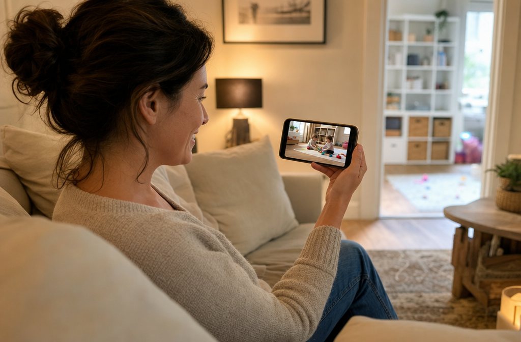 Mutter sitzt auf dem Sofa und sieht auf dem Handy die Live-Ansicht ihrer spielenden Kinder