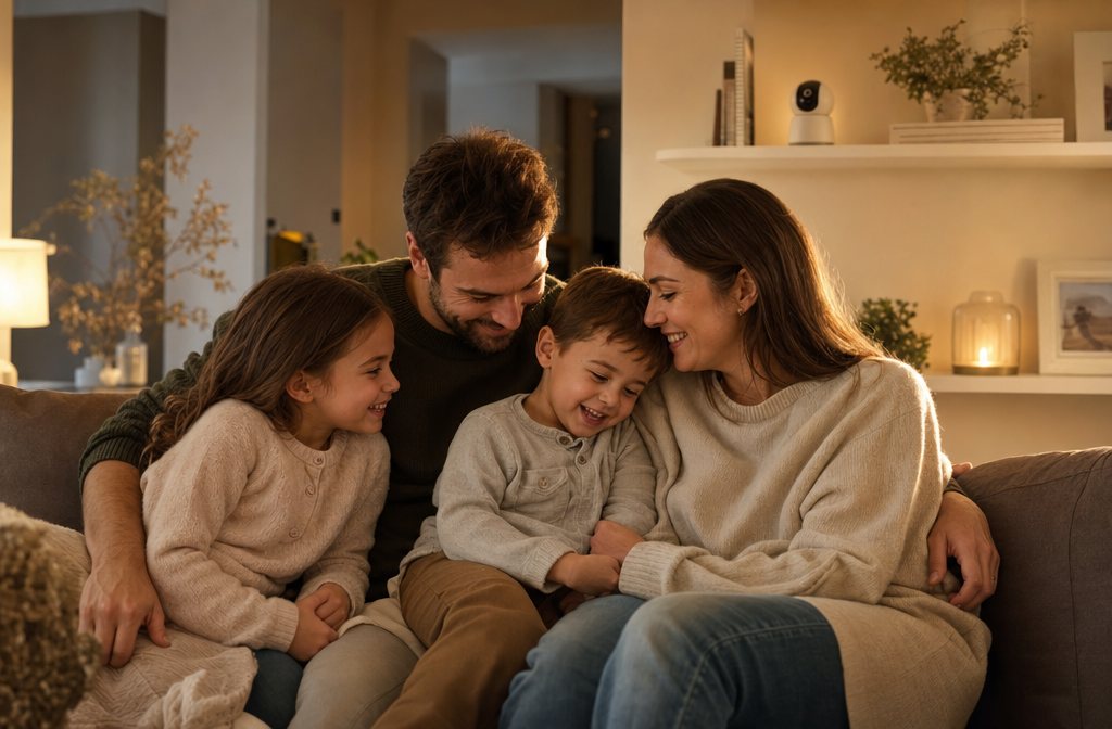 Familie sitzt am Abend entspannt im Wohnzimmer, eine kleine Sicherheitskamera steht dezent im Hintergrund